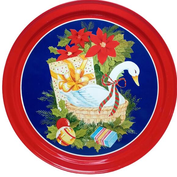 🎄VTG Metal Christmas Tray 🦢 12" Swan Poinsettia Retro Holiday Decor - Picture 2 of 10